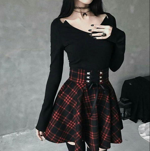 Red Black Lace Up Plaid Skirt - Let's Be Gothic, nightwear, clothing, punk, dark