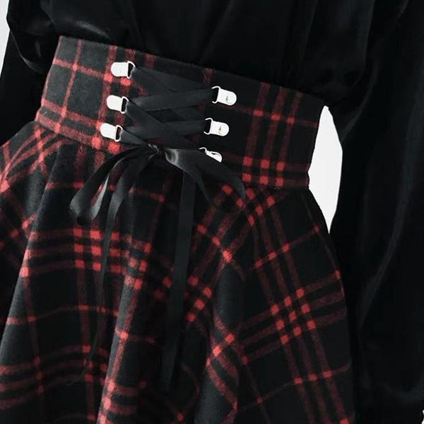 Red Black Lace Up Plaid Skirt - Let's Be Gothic, nightwear, clothing, punk, dark