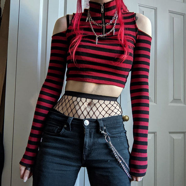 Punk Red Cut Off Shoulder Top - Let's Be Gothic