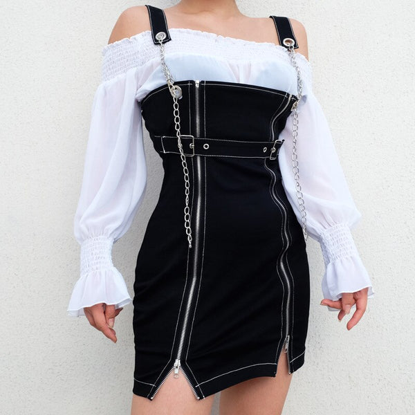 Streetwear Chain Suspenders Dress - Let's Be Gothic, nightwear, clothing, punk, dark