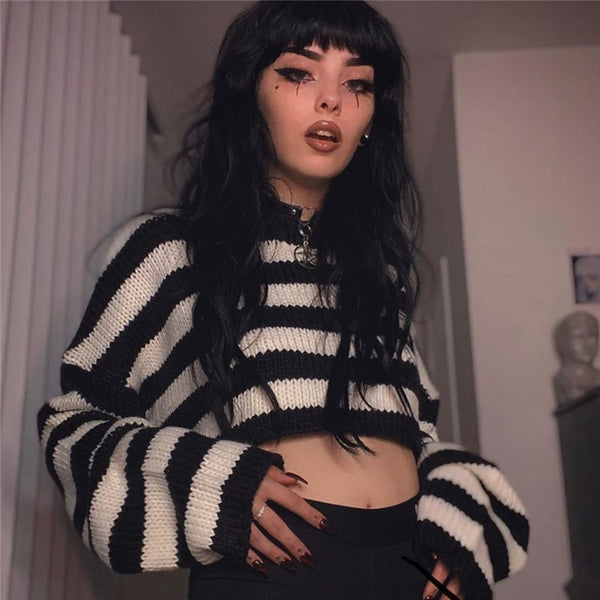 Goth Stripes Crop Sweater - Let's Be Gothic