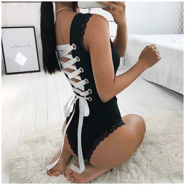 Sexy Backless Cross Lace Up Bodysuit - Let's Be Gothic
