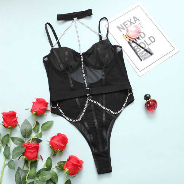 Erotic Bodysuit With Halter Chain - Let's Be Gothic